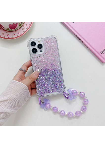 iPhone 14 Pro Için Kapak Tpu+Akrilik Düşmeyi Önleyen Gradyan El Zincirli Cep Telefonu Kılıfı-Pembe+Mor (Yurt Dışından)