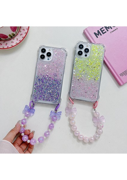 iPhone 14 Pro Için Kapak Tpu+Akrilik Düşmeyi Önleyen Gradyan El Zincirli Cep Telefonu Kılıfı-Pembe+Mor (Yurt Dışından)