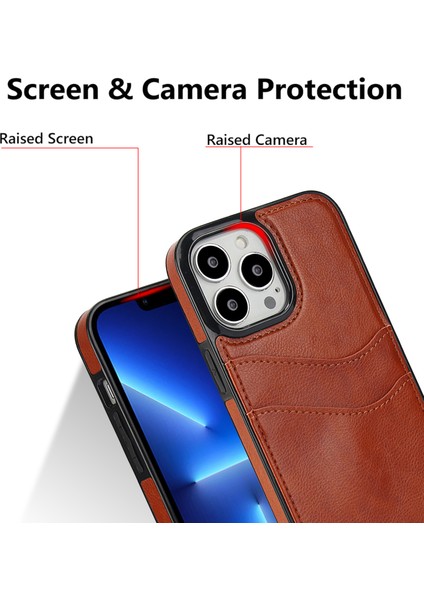 iPhone 13 Pro Için Darbeye Dayanıklı Kılıf Kart Tutucu Pu+Tpu Telefon Kılıfı-Kahverengi (Yurt Dışından)