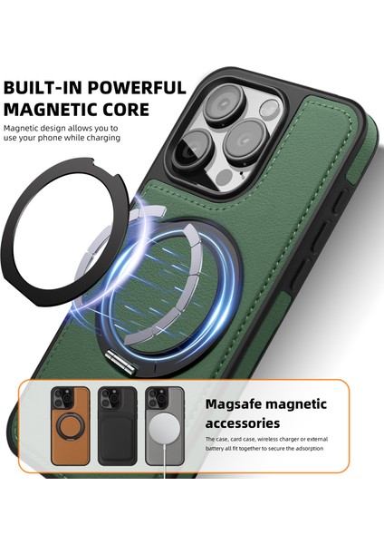 iPhone 13 Pro Kılıf Deri+Pc+Tpu Kickstand Telefon Kılıfı Magsafe ile Uyumlu-Koyu Yeşil (Yurt Dışından)