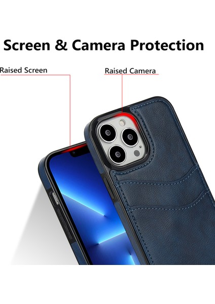 iPhone 13 Pro Için Darbeye Dayanıklı Kılıf Kart Tutucu Pu+Tpu Telefon Kılıfı-Mavi (Yurt Dışından)