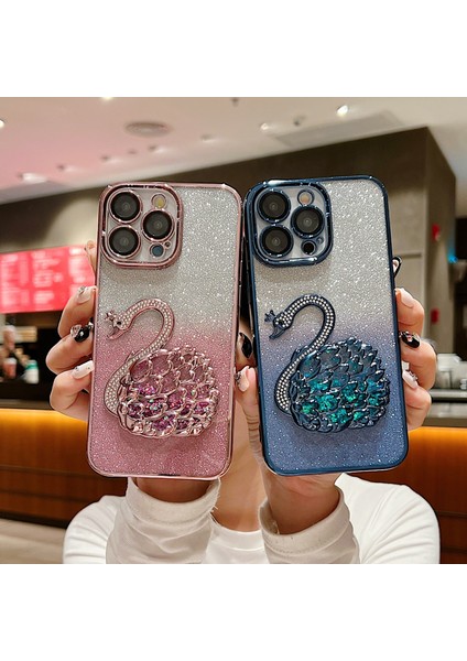 iPhone 12 Pro Için 6.1 Inç Kılıf Yapay Elmas Dekor Quicksand Swan Tpu Telefon Kapağı Lensli Film-Gümüş (Yurt Dışından)