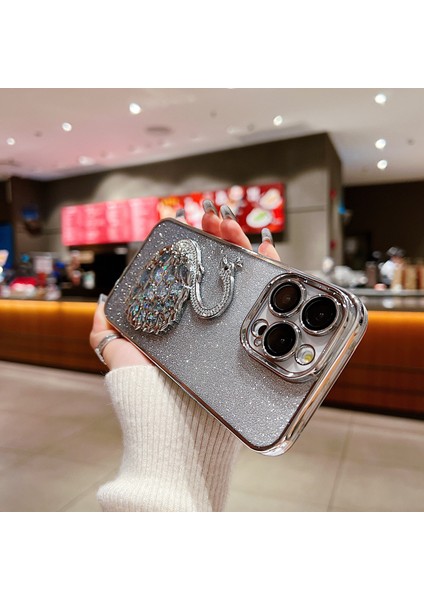 iPhone 12 Pro Için 6.1 Inç Kılıf Yapay Elmas Dekor Quicksand Swan Tpu Telefon Kapağı Lensli Film-Gümüş (Yurt Dışından)