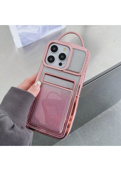 iPhone 13 Pro Max Kılıf Simli Yüzey Kart Yuvası Tpu Telefon Kapağı-Pembe (Yurt Dışından)