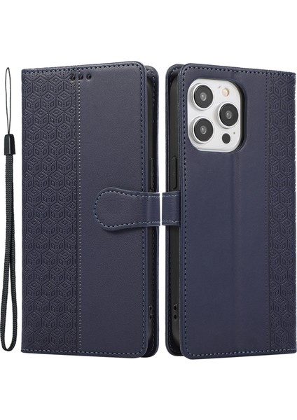 R20 iPhone 13 Pro Için 6.1 Inç Deri Kılıf Ekleme Eşkenar Dörtgen Telefon Kapağı, Kart Tutuculu-Mavi (Yurt Dışından)