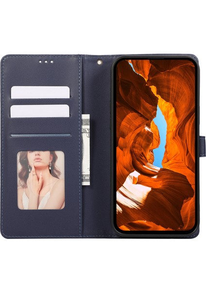 R20 iPhone 13 Pro Için 6.1 Inç Deri Kılıf Ekleme Eşkenar Dörtgen Telefon Kapağı, Kart Tutuculu-Mavi (Yurt Dışından)