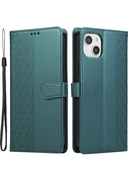 R20 iPhone 14 Için Cüzdan Kılıfı Baskılı Eşkenar Dörtgen Ekleme Pu Deri Çevirmeli Telefon Kapağı-Yeşil (Yurt Dışından)