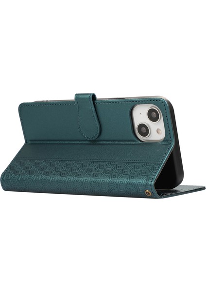R20 iPhone 14 Için Cüzdan Kılıfı Baskılı Eşkenar Dörtgen Ekleme Pu Deri Çevirmeli Telefon Kapağı-Yeşil (Yurt Dışından)