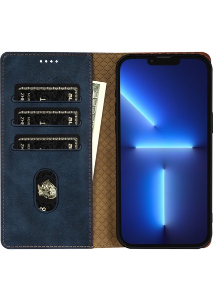 iPhone 13 Pro Cüzdan Kılıfı Düz ​​renk Deri Telefon Kılıfı-Mavi (Yurt Dışından)