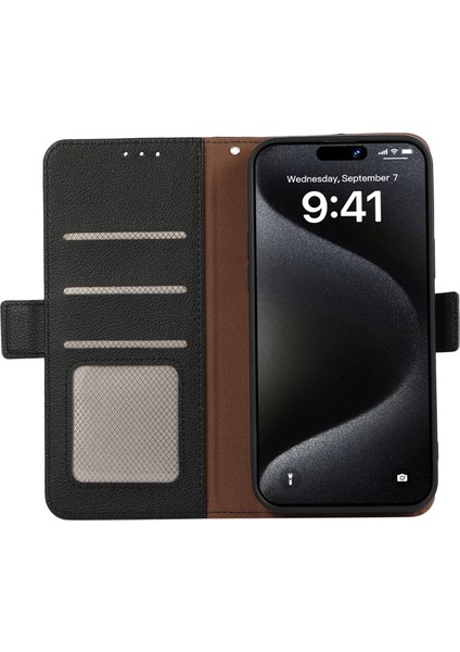 iPhone 15 Pro Için Rfıd Engelleme Kılıfı Litchi Dokulu Deri Cüzdan Telefon Kılıfı-Siyah (Yurt Dışından) modelleri
