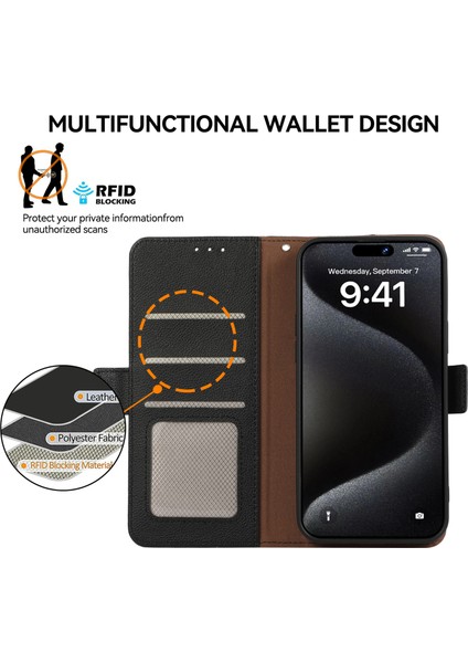iPhone 15 Pro Için Rfıd Engelleme Kılıfı Litchi Dokulu Deri Cüzdan Telefon Kılıfı-Siyah (Yurt Dışından) fırsatları