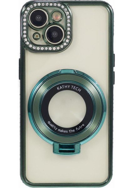 iPhone 14 Plus Için Rhinestones Dekor Kılıf Yumuşak Tpu Kickstand Koruyucu Telefon Kapağı-Gece Yarısı Yeşili (Yurt Dışından)