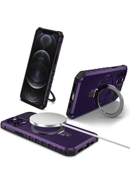 iPhone 12 Pro Max Için Manyetik Destekli Kılıf Pc+Tpu Telefon Kapağı-Mor (Yurt Dışından)