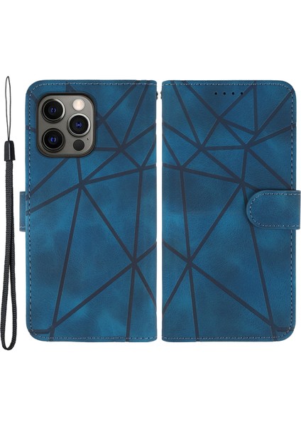 iPhone 15 Pro Kılıf Çizgi Desenli Deri Tam Koruma Folyo Telefon Kılıfı-Mavi (Yurt Dışından)