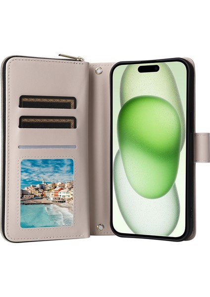 iPhone 15 Plus/14 Plus Kılıf Cüzdan Pu Deri Eşkenar Dörtgen Standlı Düşme Önleyici Telefon Kapağı-Bej (Yurt Dışından)
