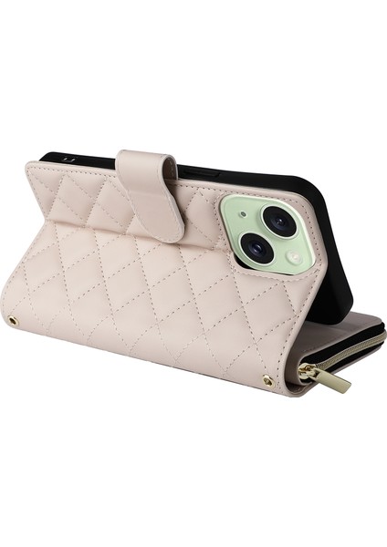 iPhone 15 Plus/14 Plus Kılıf Cüzdan Pu Deri Eşkenar Dörtgen Standlı Düşme Önleyici Telefon Kapağı-Bej (Yurt Dışından)