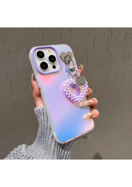 iPhone 15 Pro Için Anti-Damla Kılıf Mat Lazer Pc+Tpu Telefon Kılıfı Inci Kalp Kolye-Mor (Yurt Dışından)