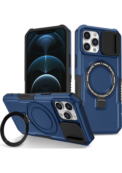 iPhone 12 Pro Max Için 6,7 Inç Manyetik Telefon Kılıfı Pc+Tpu Kapaklı, Slayt Kamera Kapaklı-Safir (Yurt Dışından)