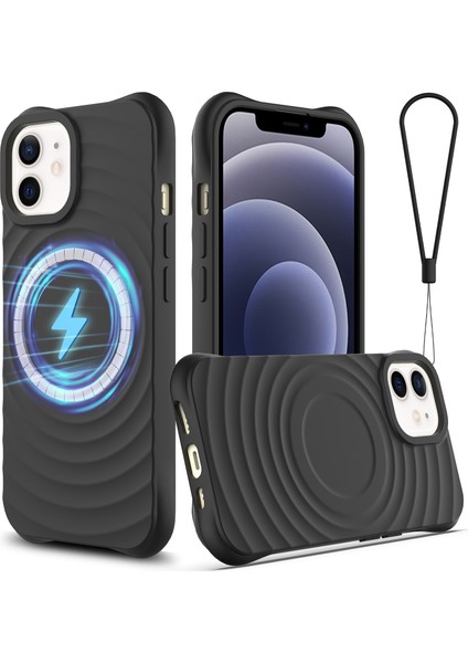iPhone 12 Mini Manyetik Kılıf Askılı Su Dalgalı Dokulu Sıvı Silikon Telefon Kapağı-Siyah (Yurt Dışından)