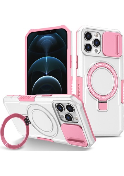 iPhone 12 Pro Max Için 6,7 Inç Manyetik Telefon Kılıfı Pc+Tpu Kapaklı, Slayt Kamera Kapaklı-Pembe/beyaz (Yurt Dışından)