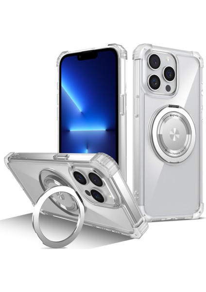 iPhone 13 Pro Için 6.1 Inç Manyetik Kılıf Pc+Tpu 360 Derece Döndürme Kickstand Telefon Kapağı-Şeffaf (Yurt Dışından)
