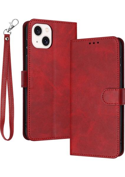 iPhone 14 Plus/15 Plus Için Damla Korumalı Kılıf Buzağı Dokulu Pu Deri Standlı Telefon Kapağı-Kırmızı (Yurt Dışından)
