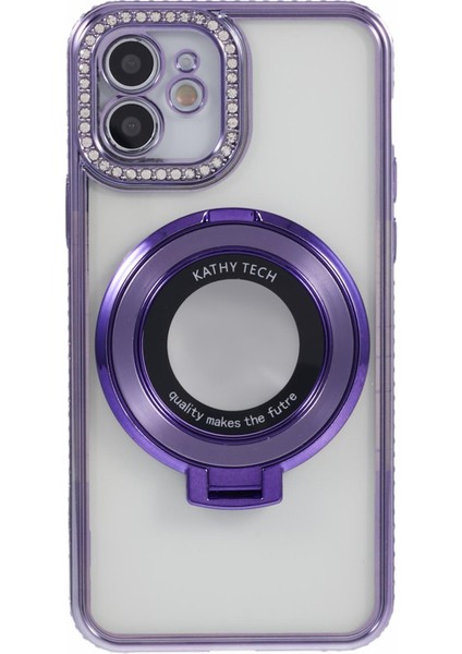 iPhone 12 Için Tpu Kılıf Rhinestones Dekor Yüzük Kickstand Damla Korumalı Telefon Kapağı-Koyu Mor (Yurt Dışından)