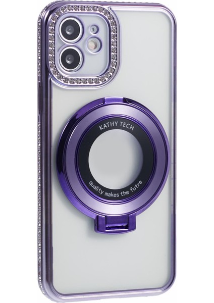 iPhone 12 Için Tpu Kılıf Rhinestones Dekor Yüzük Kickstand Damla Korumalı Telefon Kapağı-Koyu Mor (Yurt Dışından) modelleri