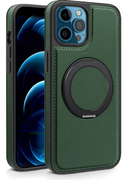 iPhone 12 Pro Max Kılıfı Manyetik Görünmez Destekli Deri+Pc+Tpu Telefon Kılıfı-Koyu Yeşil (Yurt Dışından) fiyatları