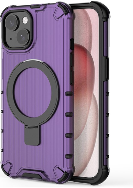 iPhone 14 Plus Kılıf Şerit Tasarımlı Pc+Tpu Telefon Kılıfı Manyetik Halkalı Tutucu-Mor (Yurt Dışından)
