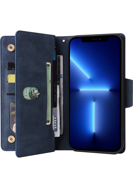 iPhone 13 Pro Için 6.1 Inç Kılıf Pu Deri Standlı Cüzdan Telefon Kapağı Perçinli Dekor-Mavi (Yurt Dışından)