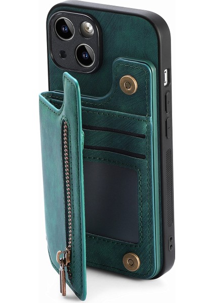 iPhone 15 Plus Kılıf Pu+Tpu Telefon Koruyucu Kabuk Retro Kickstand Cüzdan Kapağı-Yeşil (Yurt Dışından) modelleri