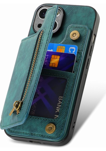 iPhone 15 Plus Kılıf Pu+Tpu Telefon Koruyucu Kabuk Retro Kickstand Cüzdan Kapağı-Yeşil (Yurt Dışından) fırsatları