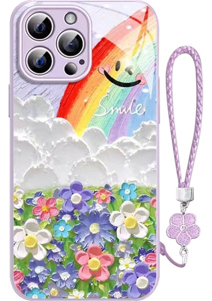 iPhone 15 Pro Temperli Cam Kılıf Smile Gökkuşağı Desenli Yonca El Askılı Telefon Kılıfı-Mor (Yurt Dışından)