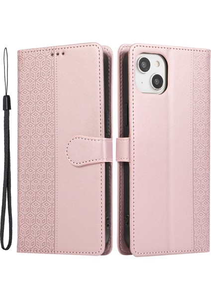 R20 iPhone 15 Plus Telefon Kılıfı Ekleme Baskılı Eşkenar Dörtgen Deri Cüzdan Kapağı-Gül Altın (Yurt Dışından)