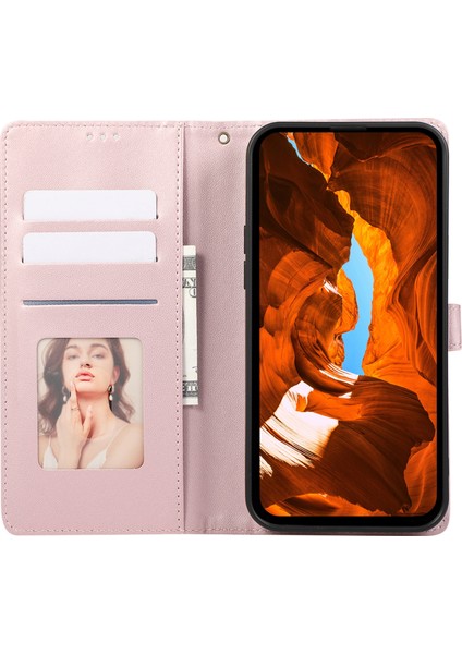 R20 iPhone 15 Plus Telefon Kılıfı Ekleme Baskılı Eşkenar Dörtgen Deri Cüzdan Kapağı-Gül Altın (Yurt Dışından)