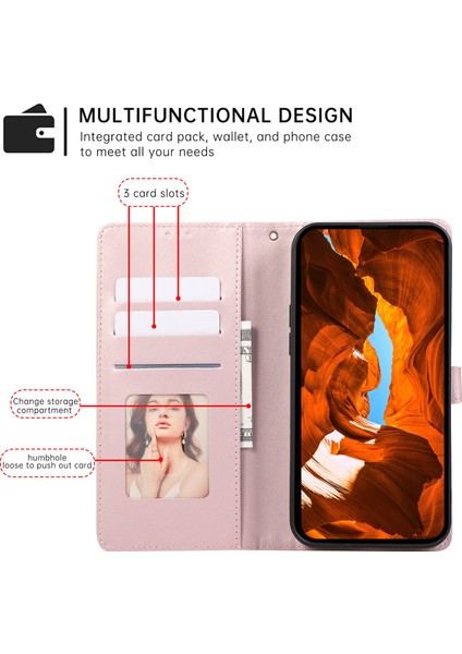 R20 iPhone 15 Plus Telefon Kılıfı Ekleme Baskılı Eşkenar Dörtgen Deri Cüzdan Kapağı-Gül Altın (Yurt Dışından)