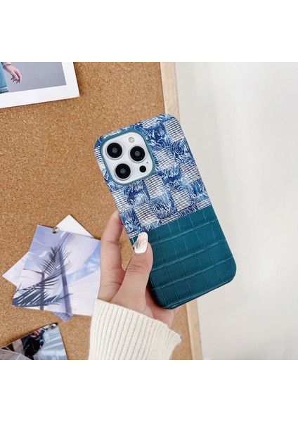 iPhone 13 Pro Için 6.1 Inç Kılıf Denim Timsah Doku Ekleme Retro Pu Deri + Pc Telefon Kapağı-Mavi (Yurt Dışından)