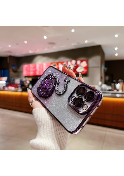 iPhone 13 Pro Için Kılıf Tpu Telefon Kapağı Cam Lensli Film Yapay Elmas Quicksand Dekor-Mor (Yurt Dışından)