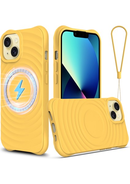 iPhone 13 Mini Için Sıvı Silikon Kılıf Su Dalgalanma Dokusu Manyetik Telefon Koruyucu-Sarı (Yurt Dışından)