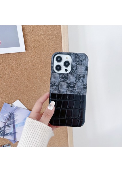 iPhone 13 Pro Için 6.1 Inç Kılıf Denim Timsah Doku Ekleme Retro Pu Deri + Pc Telefon Kapağı-Siyah (Yurt Dışından)