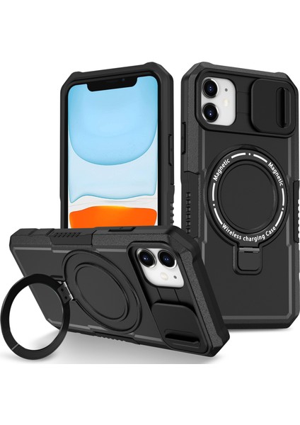 iPhone 11 Için Kılıf Görünmez Manyetik Kickstand Pc+Tpu Telefon Kabuğu Dahili Kayar Lens Kapağı-Siyah (Yurt Dışından)