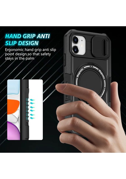 iPhone 11 Için Kılıf Görünmez Manyetik Kickstand Pc+Tpu Telefon Kabuğu Dahili Kayar Lens Kapağı-Siyah (Yurt Dışından) fiyatları