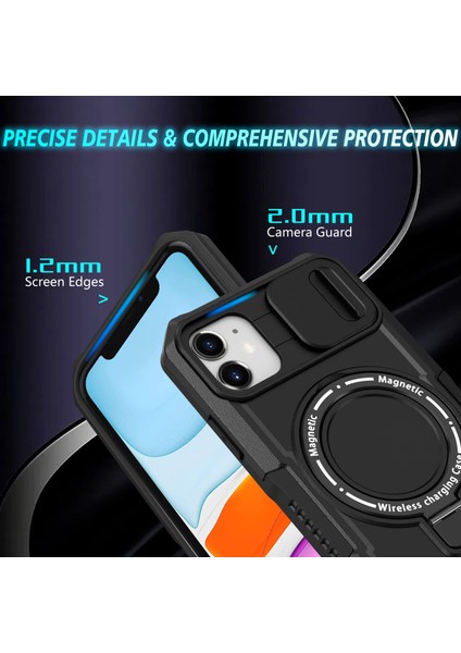 iPhone 11 Için Kılıf Görünmez Manyetik Kickstand Pc+Tpu Telefon Kabuğu Dahili Kayar Lens Kapağı-Siyah (Yurt Dışından) modelleri