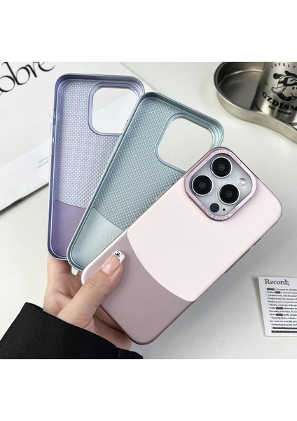 iPhone 12/12 Pro Kılıf Deri Kaplamalı Pc Telefon Koruyucu Kapak Nappa Doku-Mavi (Yurt Dışından)