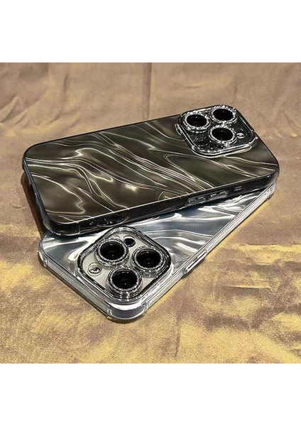 iPhone 15 Pro Max Kılıf Dalgalı Doku Akrilik+Tpu Lens Filmli Telefon Kılıfı-Gümüş (Yurt Dışından)