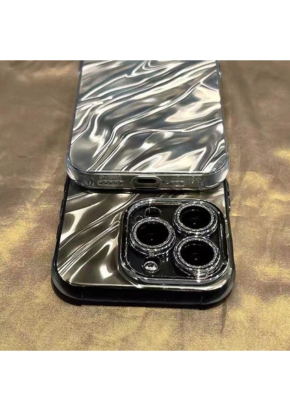 iPhone 15 Pro Max Kılıf Dalgalı Doku Akrilik+Tpu Lens Filmli Telefon Kılıfı-Gümüş (Yurt Dışından)