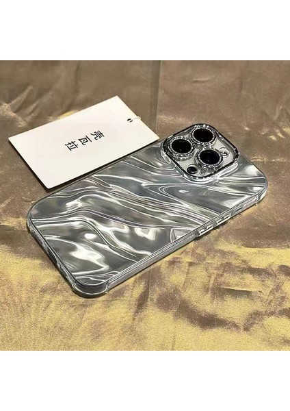 iPhone 15 Pro Max Kılıf Dalgalı Doku Akrilik+Tpu Lens Filmli Telefon Kılıfı-Gümüş (Yurt Dışından)