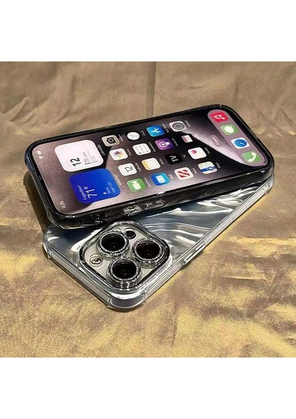 iPhone 15 Pro Max Kılıf Dalgalı Doku Akrilik+Tpu Lens Filmli Telefon Kılıfı-Gümüş (Yurt Dışından)
