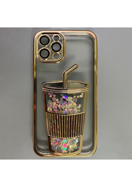 iPhone 13 Pro Için Tpu Kılıf Temperli Cam Lensli Film-Altın ile Quicksand Elektrokaplama Yumuşak Telefon Kapağı (Yurt Dışından)